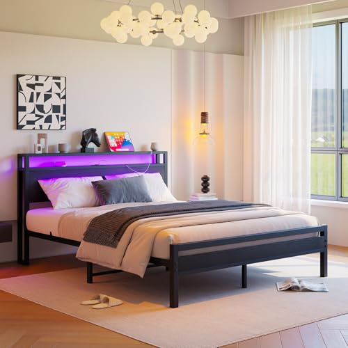 HOJINLINERO Säng 160 x 200 cm med lagringsutrymme och ribbotten, sängram med USB-laddningsfunktion och LED-belysning, modern förvaringssäng av metall och trä, Svart