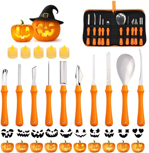 Kürbis Schnitzset Kinder, 21 Stück Schnitzwerkzeug Kürbis | Premium Edelstahl | Mit Elektronischer Kerzenlampe | Pumpkin Carving Kit, Halloween Schnitzset,Kürbis Schnitzen Werkzeug (10 Vorlagen)
