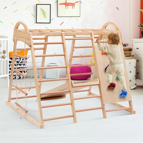 Tobogán Madera 7 en 1,Parque Infantil de Madera Seguro para Escalar y deslizarse,Equipado con tobogán, rocódromo,Barras Mono,escaleras y Cuerdas de Madera,Cuerdas para trepar y Columpios
