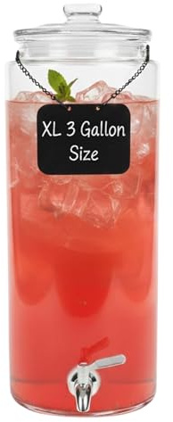 3 Gallon Glass Beverage Dispenser & Spigot – Large Drink Dispenser for Parties, Juice, Water, Iced Tea, Sangria, Punch, Cocktails