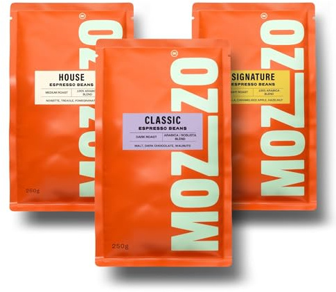 Mozzo Coffee Beans Starter Pack | Espresso Blend Whole Beans | Medium Roast Selection 3 x 250g Bags, House, Classic & Signature Blends | Smooth, Balanced Flavours | Freshly Roasted in the UK