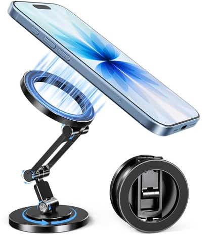 Itramax Soporte de Teléfono MagnéTico 360° Rotatorio Compatible MagSafe | Soporte Móvil con Doble Anillo Plegable Portátil para iPhone Air 17 Pro Max 16 13 12,Escritorio,Pixel 9 8,Oficina,Cocina
