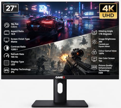 GAMEO 27 Inch Gaming Monitor, 4K UHD 3840×2160 165Hz, Fast IPS Computer Monitor, 1ms MPRT, HDR ready, 100% sRGB, Adaptive Sync, HDMI 2.1 & DP 1.4, Height Adjustable, VESA 100x100, G Series 27UHD165IPS