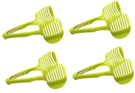 Ipetboom Affettatrice Manuale per Pomodori e Verdure in Plastica Verde Molla in Acciaio, Pinza Affettatrice Multiuso Portatile per Frutta, Taglio Sicuro e Veloce, Set da 4 Pezzi per Cucina Domestica