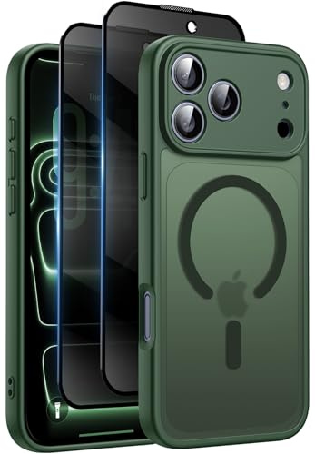 Qasyfanc for iPhone 17 Pro Max Case, Privacy Screen Protectors X2, Green | Compatible with MagSafe, Cameratection, Military-Grade Protection, Translucent Matte Shockproof Phone Cover