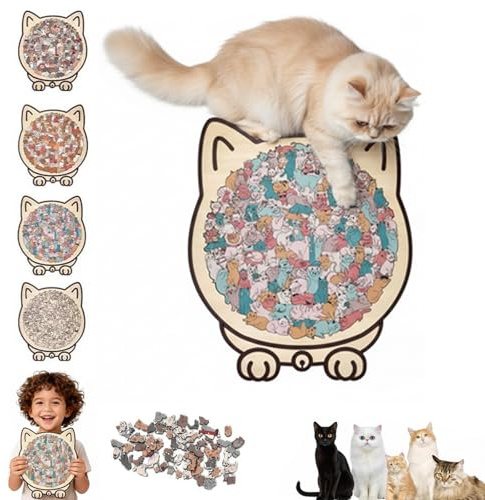 Puzzle en forme de chat | Puzzle en bois coloré en forme de chat de 135 pièces | Encadré par d'adorables chats | Puzzle en bois pour chats irréguliers Décoration pour les amoureux de C-at