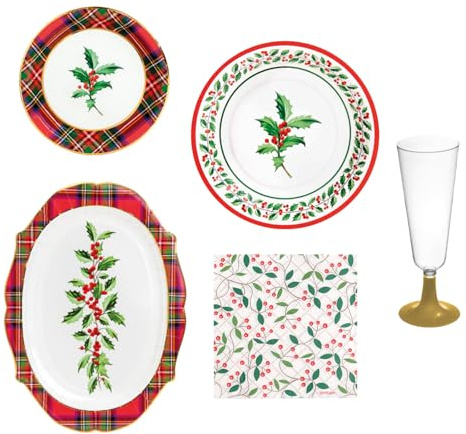 MAXI PRODUCTS - Vajilla Desechable Navidad 6 Personas Tartán y Acebo - 53 Piezas - Platos, Vasos, Servilletas y Mantel - Decoración Mesa Navideña - Diseño Tartán con Acebo - Celebraciones de Navidad