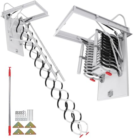 ZeromDropy Ceiling Mount Attic Staircase with Handrails Pull Down Folding Loft Step Space-Saving Stair 660LBS Capacity for Garages/Underground Passages