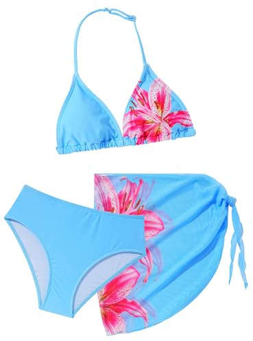 SEAUR Set Bikini per Ragazze Motivo Leopardato e Fiori Bikini Triangolo 3-pezzi Costume da Bagno con Gonna per Bambini 8-12 Anni, Fiori bli, 12 anni