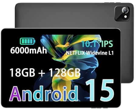 UBDXBD Tablet Android 15 de 10,1 Pulgadas con Cargador, 18GB RAM 128GB ROM, Octa-Core T30, Ampliable hasta 1TB, Face ID, WiFi 2.4/5G, Batería 6000mAh, GPS, Cámara Dual, GMS, Gris
