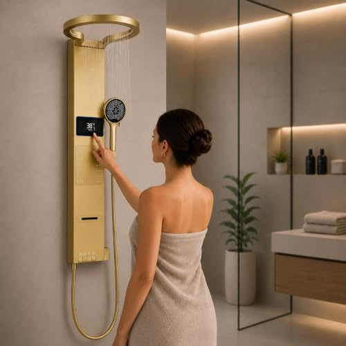 INEX EUROPA Colonne de douche thermostatique de luxe, couleur or - Hydromassage - Garantie 10 ans - 4 modes de fonctionnement - Hauteur : 105 cm - Collection Daytona