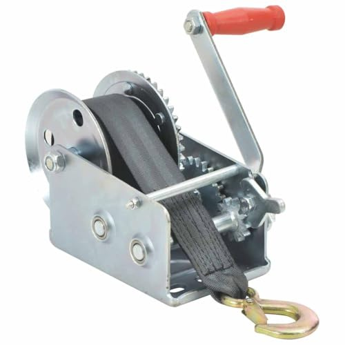 Runheo Cabrestante de mano con correa 1130 kg, hierro y poliéster, 8 m de cincha, 46 mm de ancho, 2 vías 2 velocidades para remolque, barco, taller y montaña