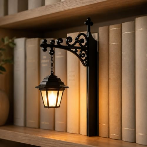 Bookshelf Lamp, Library Lantern Decorative Bookshelf Lighting, Warm LED Book Light for Reading Nook, Insertable Shelf Lighting Ornament for Bookcase, Study Room, Black (A)