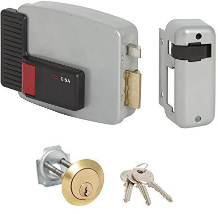 CISA 111610701, Serratura Elettrica da Applicare, 12V, Verniciato Grigio Alluminio, Entrata 70, Mano Destra, Cilindro standard