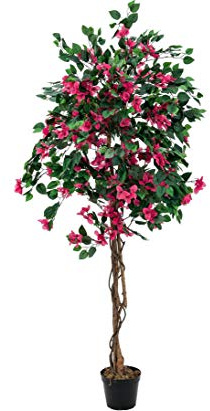 Bougainvillea Kunstbaum künstliche Drillingsblume 180cm hoch am Naturstamm mit Ranken roten Blüten im Topf