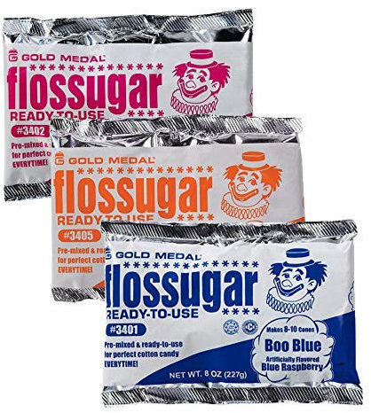 Candy Floss Sugar for Candy Floss Machine - Ready-Mixed 227g Cotton Candy Sugar - Pink Vanilla, Orange & Blue Raspberry Candy Floss Flavours Ideal for Parties - Sugar for Cotton Candy Machine - 3 PCS