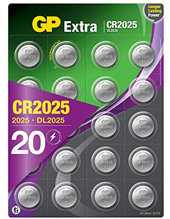 GP CR2025 Batterien 3V Lithium – 20 Stück 2025 Knopfzelle Longlife – langlebig & auslaufsicher durch Extra Technologie – CR2025 Batterien Knopfzellen ideal für Autoschlüssel, TAN-Geräte, Uhren u.v.m.