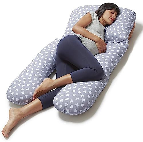 Niimo 4-in-1 U Kissen - Stillkissen, Schwangerschaftskissen, Komfortkissen & Seitenschläferkissen mit Bezug aus 100% Baumwolle, Waschbar (Grau mit weißen Herzen)