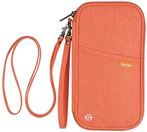 RFID Blocker Familie Reisepass Brieftasche, Reisepass Dokumenten Organizer mit Zwei Abnehmbaren Trägern für Männer Frauen(Orange)