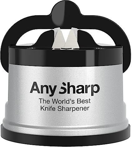 AnySharp Messerschärfer, Freihändige Sicherheit, PowerGrip Saugnapf, Sicheres Schärfen aller Küchenmesser, Ideal für gehärteten Stahl & Wellenschliff, Weltbeste Qualität, Kompakt, Silber