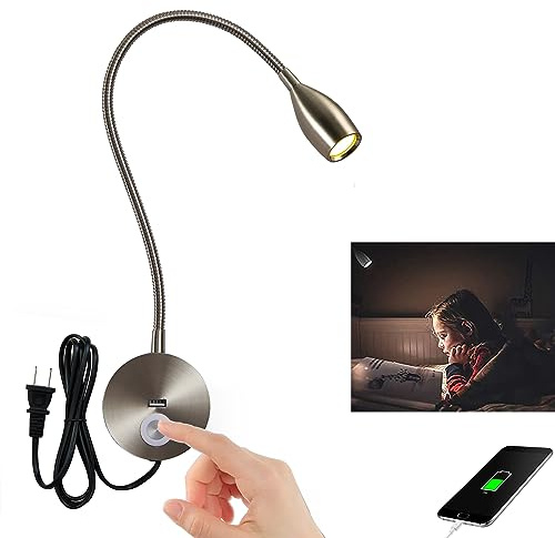 CRISETEK LED Wall Reading Light with USB Charging Port, Dimmable Gooseneck Bedside Lamp, Flexible Arm, 3W, (Nickel, 120V Plug in, Warm White)