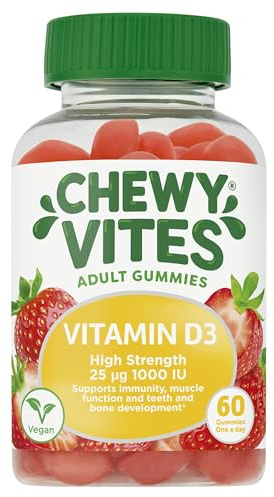 Chewy Vites Adult High Strength Vitamin D3 Gummies, 60 Count | 25 mcg 1000 IU Vit D3, for Immune Support, for Women & Men, Vegan, Real Fruit Juice, Strawberry Flavour, 2 Months Supply