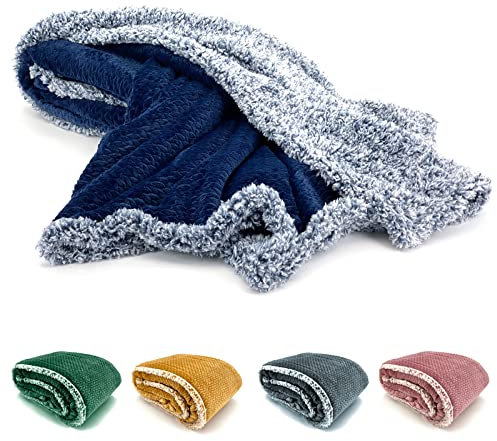 heimtexland ® Super Flauschige Sherpa Fell Kuscheldecke Samt Flanell Wohndecke Dick Warm 200x150 cm Ökotex Typ781 Navy Blau