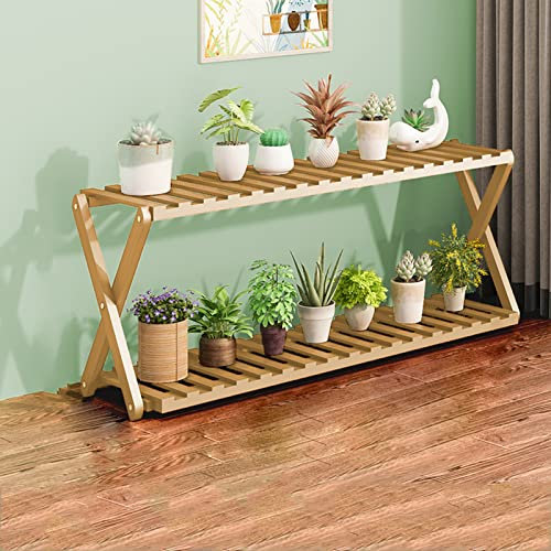 XHG Bambus Pflanzenständer, 2 Ebenen Blumenregal Blumenständer Pflanzentreppe Blumenbank Dekorativer für Blumentöpfe den Innenbereich des Balkons (X-Kreuz-Design), Wood Color, 47*25*70 cm