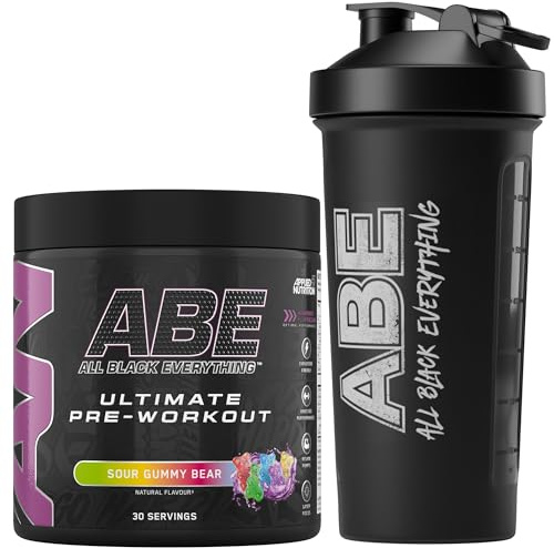 Applied Nutrition Bundle ABE Pre Workout 375g + ABE Black Shaker 700ml | All Black Everything Pre Workout Powder, Energy Drink, Physical Performance, Creatine, Beta Alanine, Caffeine (Sour Gummy Bear)
