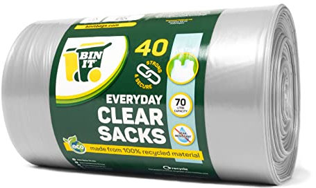 BIN IT 40 Clear Large 70L Strong & Secure, Tie Top, Recycling Sacks, Bin Bags, Bin Liners, Refuse Sacks, Recycled, Tear Resistant, 120 Gauge - 30 μm, Perfect for Everyday Use