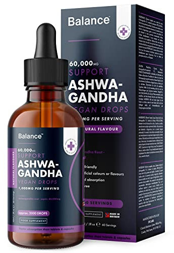 Ashwagandha Supplement Liquid Drops - High Strength of 60,000mg per 60ml Bottle at 4X Concentration - Vegan - 2 Month Supply of Premium Ashwagandha Extract - 60 Servings - Made in UK by Balance