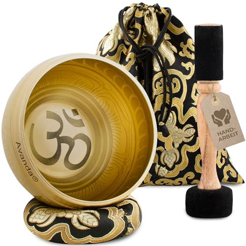 Tibetisches Klangschale-Set Om für Yoga, Meditation und Entspannung - handbemalte Tibetische Klangschale Ø 10 cm, Doppel-Schlägel mit Filz und Leder, Ring-Kissen, Beutel und Anleitung