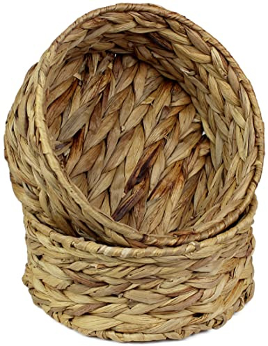 Small Water Hyacinth round baskets for storage Natural colour wicker basket shelves open. Decorative gift box Small bathroom mini tray makeup bathroom Kitchen organiser (Large 22cm, 2x basket)