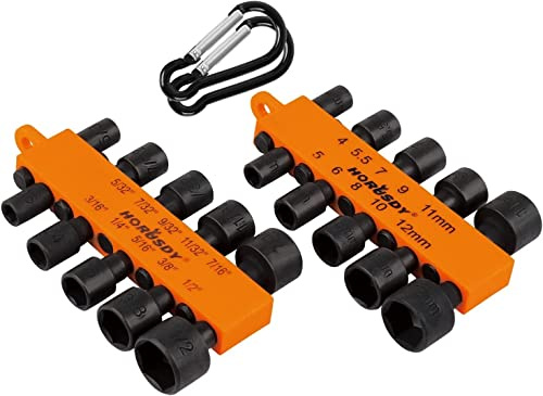 HORUSDY Juego de 20 destornilladores de tuerca para taladro de impacto | SAE (5/32 a 1/2 pulgadas) y métrico (4 mm-12 mm) | Llaves hexagonales de destornillador de tuerca de 1/4 pulgadas para