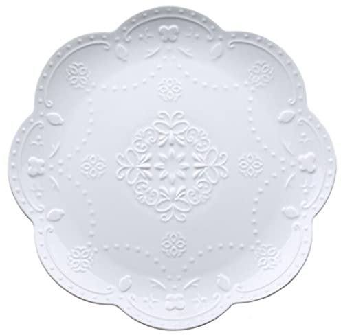 YBK Tech - Piatto da portata rotondo in pizzo goffrato, elegante piatto da portata in ceramica, per colazione e tè pomeridiano (bianco, 25,4 cm)