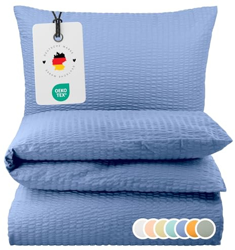 Carpe Sonno Seersucker Bettwäsche 155x220 cm Baumwolle – Blau bügelfrei | Kühlende Sommerbettwäsche mit Reißverschluss, bügelfrei | Deckenbezug + Kissenbezug 80x80 | ganzjährig, pflegeleicht