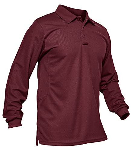 KEFITEVD Men's Polo Shirt Long Sleeve Golf Gym Sport Tshirts Moisture Wicking Outdoor Workout with Button Collar,Wine Red,XL