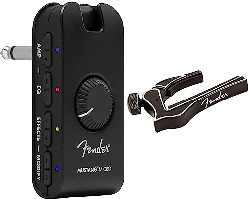 Fender Mustang Micro Amp – Der ultimative All-in-One Kopfhörer-Verstärker & Dragon Guitar Capo – Handlich & geeignet für jeden Spieler – Schwarz