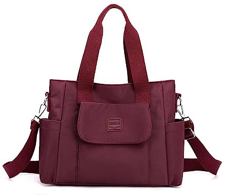 YANAIER Damen Handtasche Umhängetasche Multi Fach Shopper Schultertasche Wasserdicht Nylon Henkeltasche für Reisen Schule Arbeit Burgund