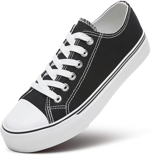 ZGR Womens White Tennis Shoes for Women,Lace up Canvas Sneakers,Casual Walking Canvas Shoes(Black.US8.5)