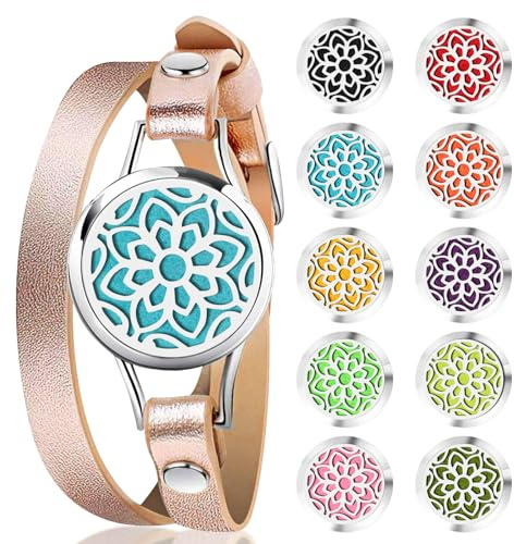 PHOGARY Aromatherapie Armbänder, Armreifen, mit Lederarmband für Valentinstag, Muttertag, Geburtstag, Geschenk, Mandala-B
