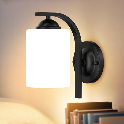 Phaosio Wall Sconces Lights Lamp for Bedroom Bathroom, Modern Vanity Light Fixtures, Matte Black Farmhouse Wall Mount Lighting Lanterns with Glass Shade for Living Room Mirror Hallway, Hardwired