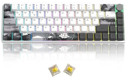 MOLGRIA GK68 68-Key RGB Backlit Gaming Keyboard with Ink Lotus Deutsch Keycaps, Hot Swappable Yellow Mechinery Gateron Switches, Triple Mode Connection with Knob Mechanical Keyboard for Win/Mac OS