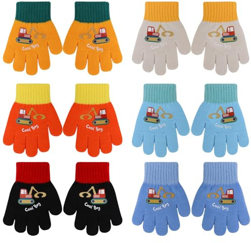 QKURT 6 Pares de Guantes de Punto para Niños Pequeños, Guantes de Invierno a Prueba de frío, Guantes Elásticos de Dedo Completo Unisex con Patrón de Excavadora para Niños de 2 a 4 Años