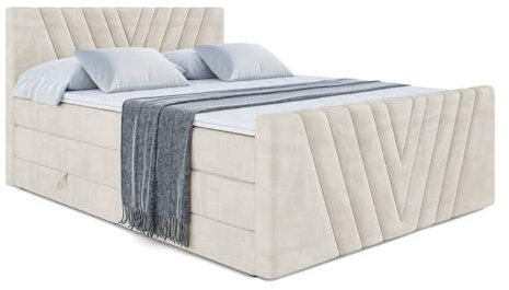 ALTDECOR Boxspringbett mit Matratze und Lattenrost, Topper, Fußteil,Polsterbett mit Bettkasten, Bett mit Stauraum H3- und H4- Matratze, Doppelbett - ERNINA-Z King - 180x200 - Beige Samt