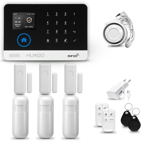 HUXGO® HXA003 Alarma casa con Sirena WiFi + gsm 4G | Kit Alarma casa con 3X sensores PIR de Movimiento, 3X sensores de Puerta/Ventana | Tuya App.con Aviso a movil