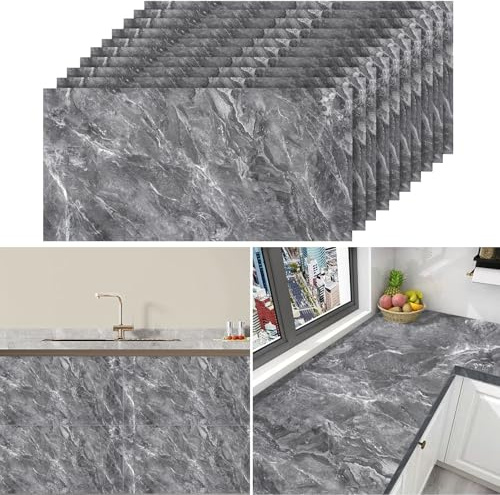 Warmiehomy Self Adhesive Marble Tiles 60x30cm 30Pcs Thicken Wall Tiles Waterproof,Peel and Stick on Vinyl Tiles for Living Room Bedroom Bathroom Kitchen Splashback,Earl Grey