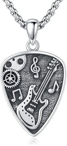 YueYuan Gitarren Plektrum Halskette 925 Sterling Silber Gitarre Anhänger Plektrum Kette Musik Schmuck Geschenk für Herren Musikliebhaber Gitarristen Hip Hop Rapper