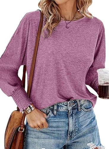 Placitiume T-shirt oversize a maniche lunghe per le donne 2024 girocollo casual vestibilità ampia moda top base, Fucsia, XL