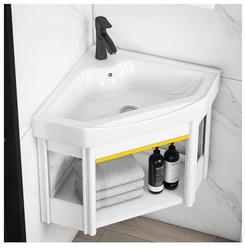 Piccolo Lavello a Parete con Spazio per Riporre Gli Oggetti, Lavandino del Bagno, Lavandino Ad Angolo, Compatto per Piccoli Spazi (White 38x38x40cm)